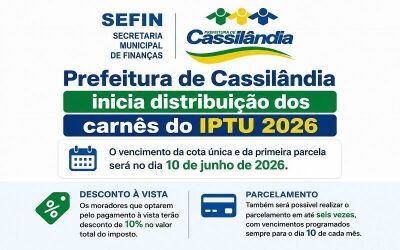 Imagem da notícia Cassilândia inicia entrega dos carnês do IPTU 2026 com desconto para pagamento à vista